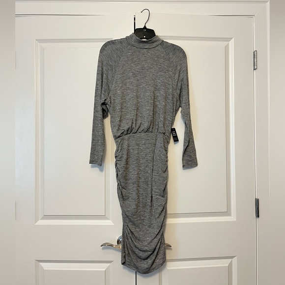 Express grey fitted mini long sleeve mock neck ruched dress NEW NWT size small - Picture 3 of 4